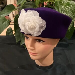 Elegant Purple Beret with White Floral Accent